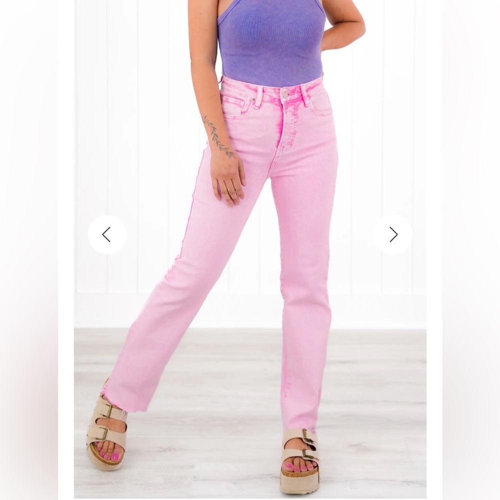Risen High Rise Acid Wash Pink Tummy Control Raw Hem Straight Leg Jeans
